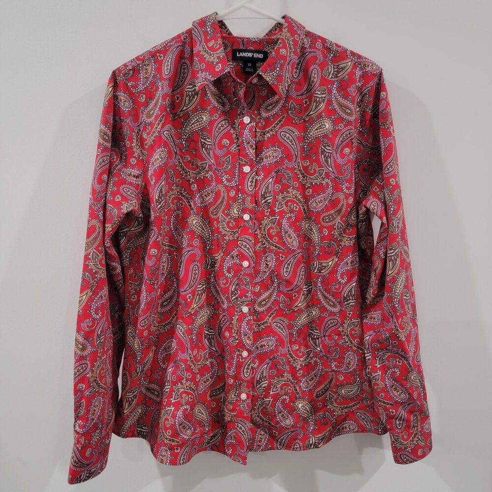 Lands End Womens Button‎ Up Top Size 12 Paisley Red Supima Cotton